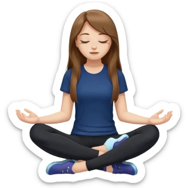 Brown long haired white girl with closed eyes in dark blue leggings and a black t-shirt sits on the splits sticker
