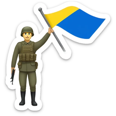 a soldier who holds the Russian flag in one hand and the Ukrainian flag in the other hand sticker