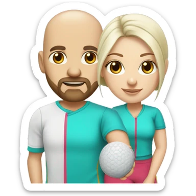 Same image but White couple. Male bald with beard. Aqua eyes. Woman long blonde brown highlight hair. 35. Aqua eyes. In pickleball clothes  sticker
