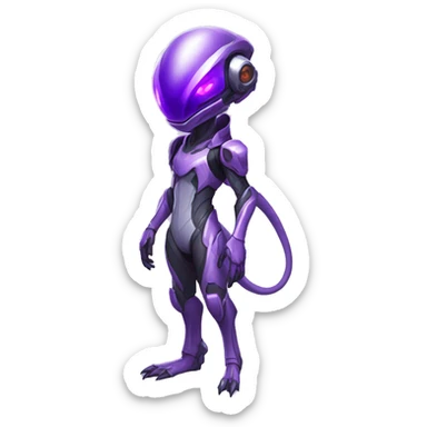 A purple Reptile-Raptor-Alien-Genesect-Mewtwo-Fakémon, with a futuristic visor-helmet, wearing a techwear-suit, Full Body sticker