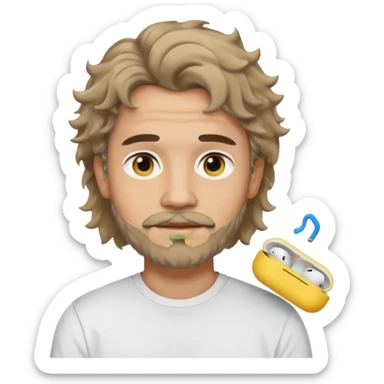light skin man with a faded beard, wavy hair, and a mullet, wearing a t-shirt and AirPods, emoji style sticker