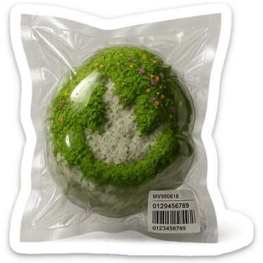 light gray rock covered with green moss and tiny multicolored flowers, shiny and inflated sticker