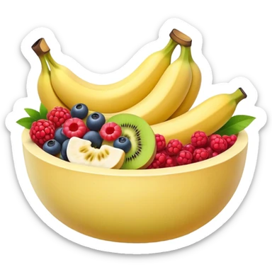 Fresh fruit bowl with berries, banana, and melon sticker