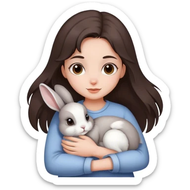 Una chica con pelo cafe oscuro abrazando a su conejo gris con blanco  sticker