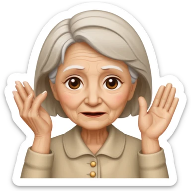 old lady with a headache, wincing, one hand on temple sticker