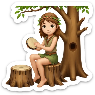 forest spirit girl with short brown mullet playing hand drum, sitting on tree stump sticker