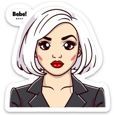 Moira Rose from Schitt's Creek saying "bébé" with dramatic facial expression, bold red lips, and black and white wig sticker