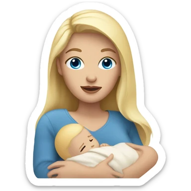 A woman with blonde hair and blue eyes holding a baby  sticker