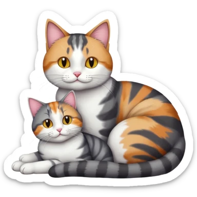 full body colourful light patched calico + white tabby cat cuddling a bigger cat that is dark grey and white tabby cat  and they are in love sticker