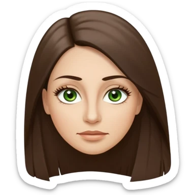 43. year old Adult woman avatar, light skin tone, long, oval face, long straight ashy brown hair, green almond-shaped eyes with dramatic eyelashes and minimal eyeliner, neutral mouth, medium straight eyebrows, small nose, smooth skin sticker