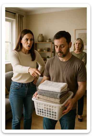 a woman stands assertively in the center of a living room, giving clear instructions to her partner. The man, with a submissive and resigned expression, follows her directions, perhaps holding household items or performing a chore. Behind them, an older woman (the mother-in-law) stands with crossed arms and a disapproving look, watching the scene unfold. The lighting is natural, and the atmosphere is tense but realistic. sticker