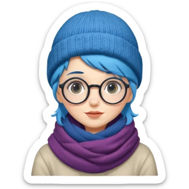 A shy blue straight hair woman with big round glasses and thick scarf and a beanie, blushing from the cold. sticker