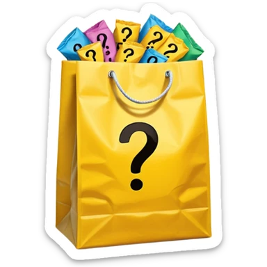 yellow goodiebag with questions mark boxes stuffed in it sticker