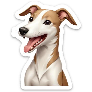 Cinematic Cute Yawning White and Brown Greyhound Portrait Emoji, Head tilted slightly with a dramatic, wide-open yawn, showcasing a pristine white Fur with bold brown markings, floppy ears slightly drooping, round eyes barely open in drowsy contentment, Simplified yet irresistibly adorable features, highly detailed, glowing with a soft, cozy glow, high shine, relaxed yet expressive, stylized with a touch of whimsy, bright and endearing, soft glowing outline, capturing the essence of a sleepy yet affectionate companion, so drowsy it feels like it could stretch out of the screen and curl up for a nap! sticker