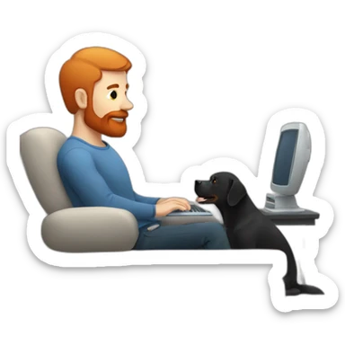 a man with a red beard sits working on a computer on the sofa with a black Labrador sticker