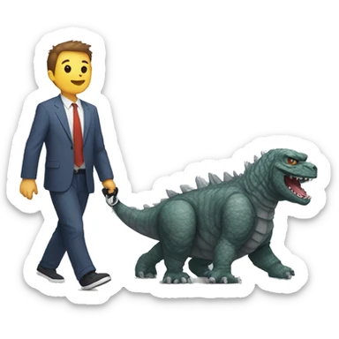 Godzilla walking a cat on a leash sticker
