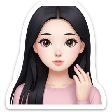 soft pink beauty vlogger girl fair skin with long straight hair. natural makeup like korean girls, black hair sticker