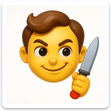 A 3D emoji in iOS emoji aesthetic style of a mischievous character holding a toy knife, with a playful smirk and cartoonish expression, not scary, bright colors, glossy surface, soft lighting, clean white background.
 sticker