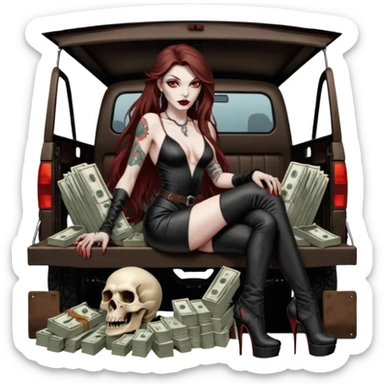 Lilith model red eye seductress evil long brown haired sexy succubus woman with leather long dress with slit, sitting in Big Large F350 pickup truck. Black Platform high heels on feet. Tattoo sleeve arms, seat full of stacks of cash, and a man dead human skull of her enemies and a gun in other hand sticker