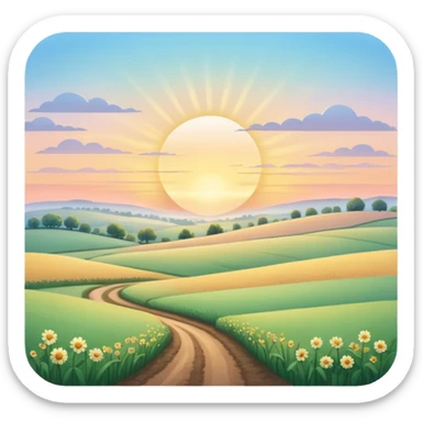 peaceful landscape at dawn, sun rising over fields, pastel sky sticker