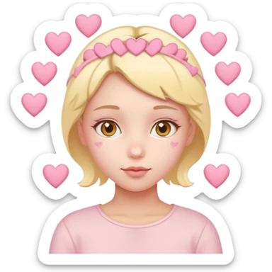 A girl with hearts around her head in soft pink, beige and yellow pastel colors sticker