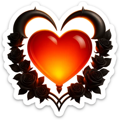 Add a glowing effect to the red glass heart, keep the silver crescent moon and tiny black roses, mysterious and rich, in a 3D emoji-inspired style. Remove the background. sticker