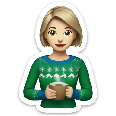 Light brown short haired girl with green eyes drinking coffee wearing blue Christmas sweater sticker