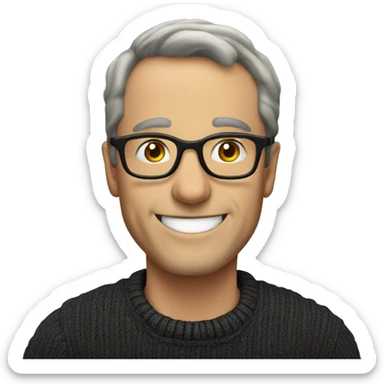 a smiling European middle-aged man wearing glasses, a dark sweater, no mustache sticker