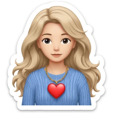 . Her skin glows warmly under the natural light, enhanced by the gentle textures of her knitted beige sweater and flowing hair. her heart-shaped necklace adds a delicate touch, while her serene expression brings a quiet strength to the portrait. The blue sky in the background.
 sticker