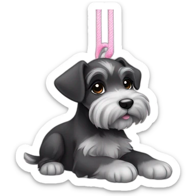 female puppy color "black and gray" breed medium Schnauzer with hanging ears hanging ears and a pale pink string around its neck sticker