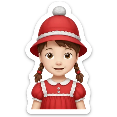 baby girl with brown hair and pigtails with a hat and red dress like My Neighbor Totoro movie sticker