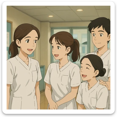 Quatre étudiants infirmiers, style Ghibli, inspirés des visages des photos, en interaction dans un environnement intérieur. Uniformes blancs, tuniques médicales col en V, poche poitrine à gauche, manches courtes, avant-bras nus, cheveux longs attachés, sans stéthoscopes ni pied de col. Ambiance d'équipe et de collaboration. sticker