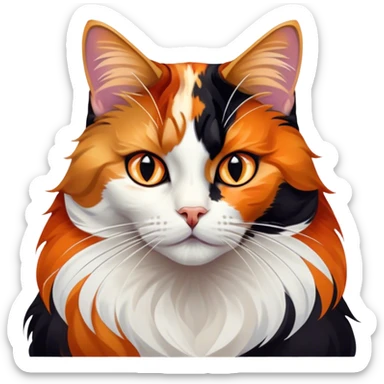 Cinematic Noble Calico Cat Portrait Emoji, Poised and regal, with a striking patchwork fur in vibrant orange, black, and white hues, delicate whiskers and a refined, focused gaze, simplified yet exquisitely detailed, glowing with a soft, moonlit radiance and an air of aristocratic elegance, high shine, exuding dignified intelligence and poised authority, soft glowing outline, capturing the essence of a watchful and noble calico cat that appears ready to grace the screen with effortless majesty! sticker