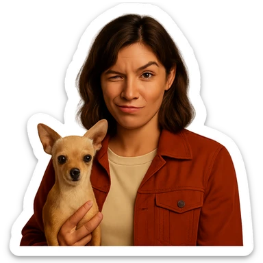 Recreate the image featuring a woman with a tanned complexion, subtle freckles, wearing a shirt in color #FFF8CA and a rust-colored jacket. She has medium-length brown hair with auburn highlights, a rebellious and playful expression, holding a beige-brown chihuahua. The style should resemble a Netflix series look with a transparent background. sticker