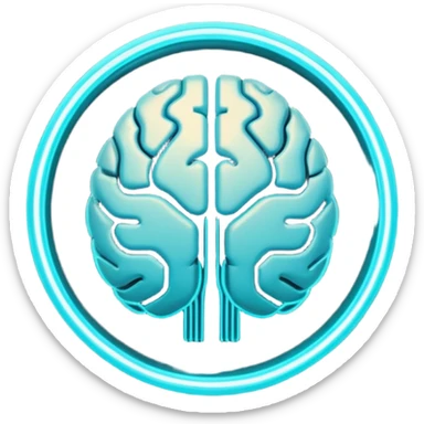 Futuristic neural brain badge icon, minimal glowing brain outline with neon cyan neural lines, small electric spark detail, circular game emblem, sci-fi web3 style, dark background, 3D polished game asset, sharp and high detail, centered composition sticker