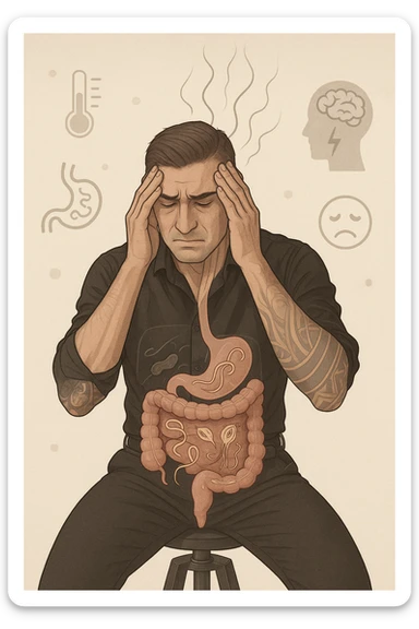 a person sits with a troubled expression, holding their head in their hands. A transparent overlay on their body reveals stylized images of parasites in the digestive tract, while faint, shadowy tendrils extend upward toward the brain, symbolizing the psychological impact. The background is clinical and educational, with subtle icons representing both physical and mental symptoms. sticker