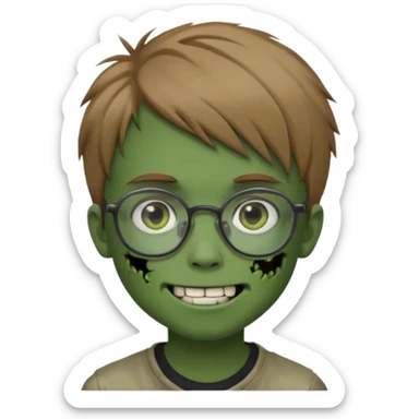 boy zombie with light brown emo hair and green skin and glasses and corner smile sticker