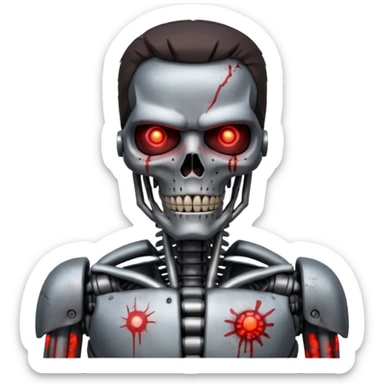 Terminator close-up, realistic, red glowing eye, damaged skin revealing endoskeleton, inspired by the 'I'll be back' scene sticker