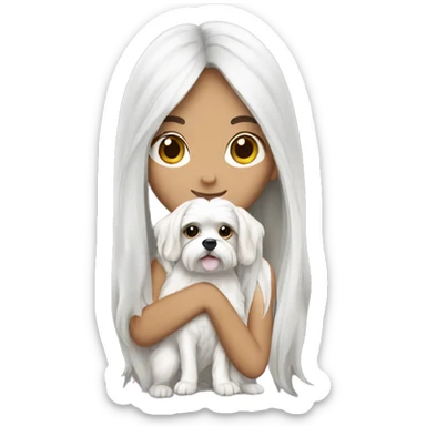 Brunette girl long hair holding a white  Maltese dog sticker