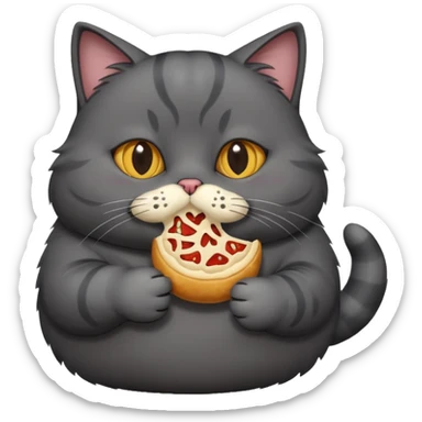 Fat dark gray cat with food in its mouth  sticker