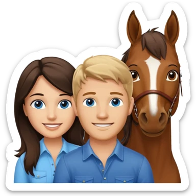 Smiling blue eyed trevor donovan with smiling brown eyed danica mckellan with brown eyes and one brown horse sticker