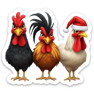 One rooster and two hens wearing Santa hats. sticker