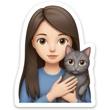a white girl with brunette long straight hair holding a grey cat. sticker