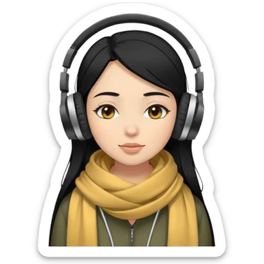 Girl with black hair, wearing a pashmina, has headphones and her eyes close sticker