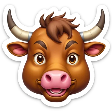 Cinematic Comical Domestic Bull Portrait Emoji, Head tilted dramatically with an exaggeratedly amused expression, featuring a striking, glossy coat with boldly defined horns and wide, expressive eyes brimming with playful disbelief, Simplified yet hilariously expressive features, highly detailed, glowing with a slightly sassy, earthy glow, high shine, dramatic yet playful, stylized with an air of cheeky rural mischief, soft glowing outline, capturing the essence of a spirited and over-the-top domestic bull that looks ready to charge its way into internet fame instantly! sticker