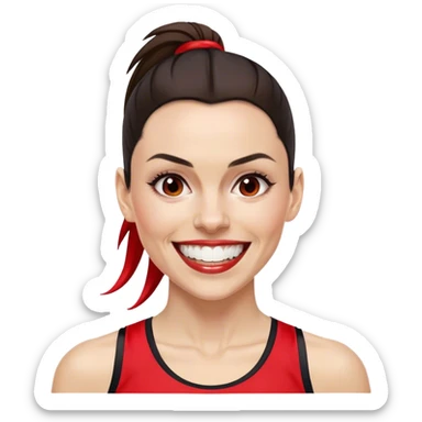 Melanie chisholm with a dark brown high ponytail with a red streak through it, wearing athletic attire and smiling with one gold tooth sticker