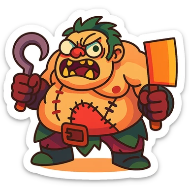 Cartoonish redesign of Pudge from Dota 2, exaggerated features, vibrant colors, playful style sticker