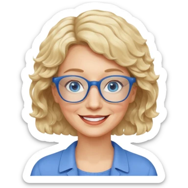 woman 60 very short weavy blonde haire, rectangle glases, blue eyes sticker