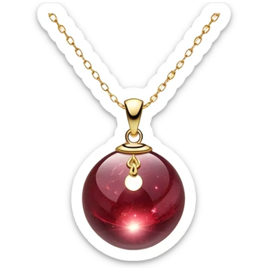 A polished round ball wine granite pendant suspended from a delicate gold chain, like a drop of enchanted starlight, glowing with the warmth of passion and the quiet power of transformation ethereal floating magical moving around... rebirth moving chain sticker