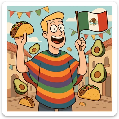 playful cartoon of a tall white American with blonde hair, colorful poncho, smiling, holding taco and avocado, waving Mexico flag, surrounded by tacos and avocados, street party scene sticker